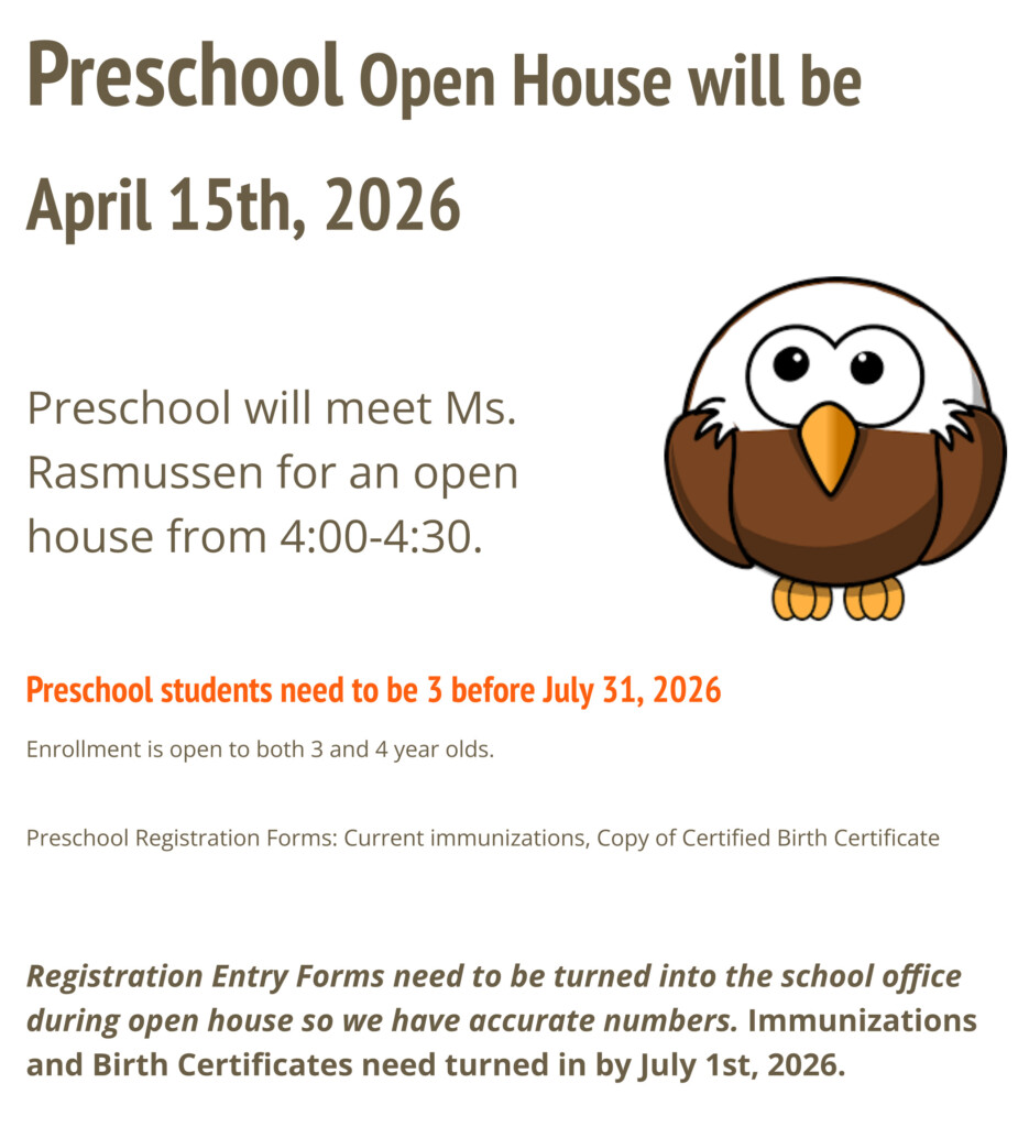 Preschool open house will be on April 15th, 2026 from 4:00-4:30.