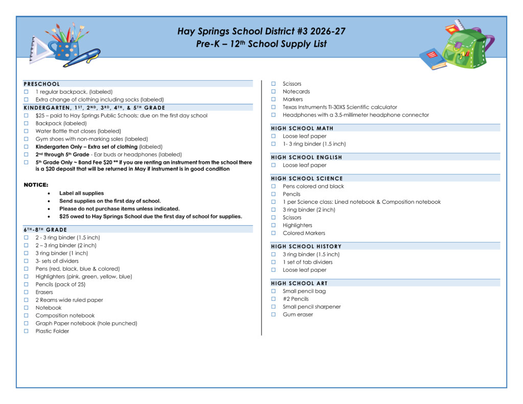 Class Supply List 2026-2027