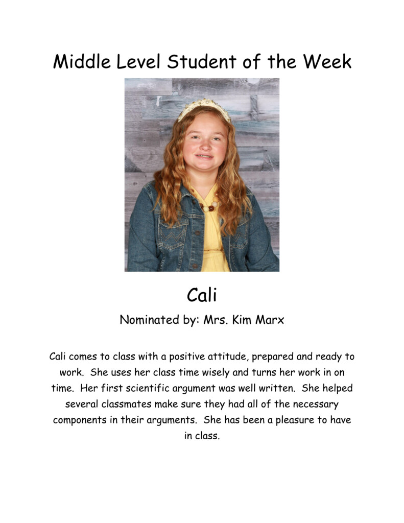 Middle School Student of the Week for September 28, 2026